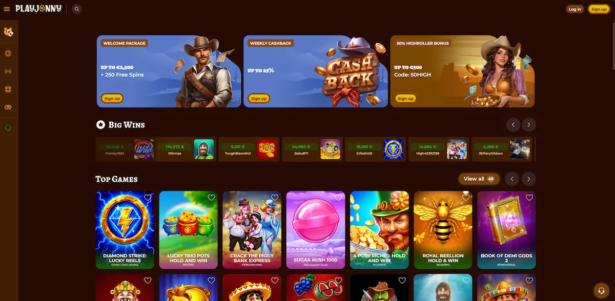 Herní lobby Playjonny Casino s aktuálními výhrami hráčů a top hrami